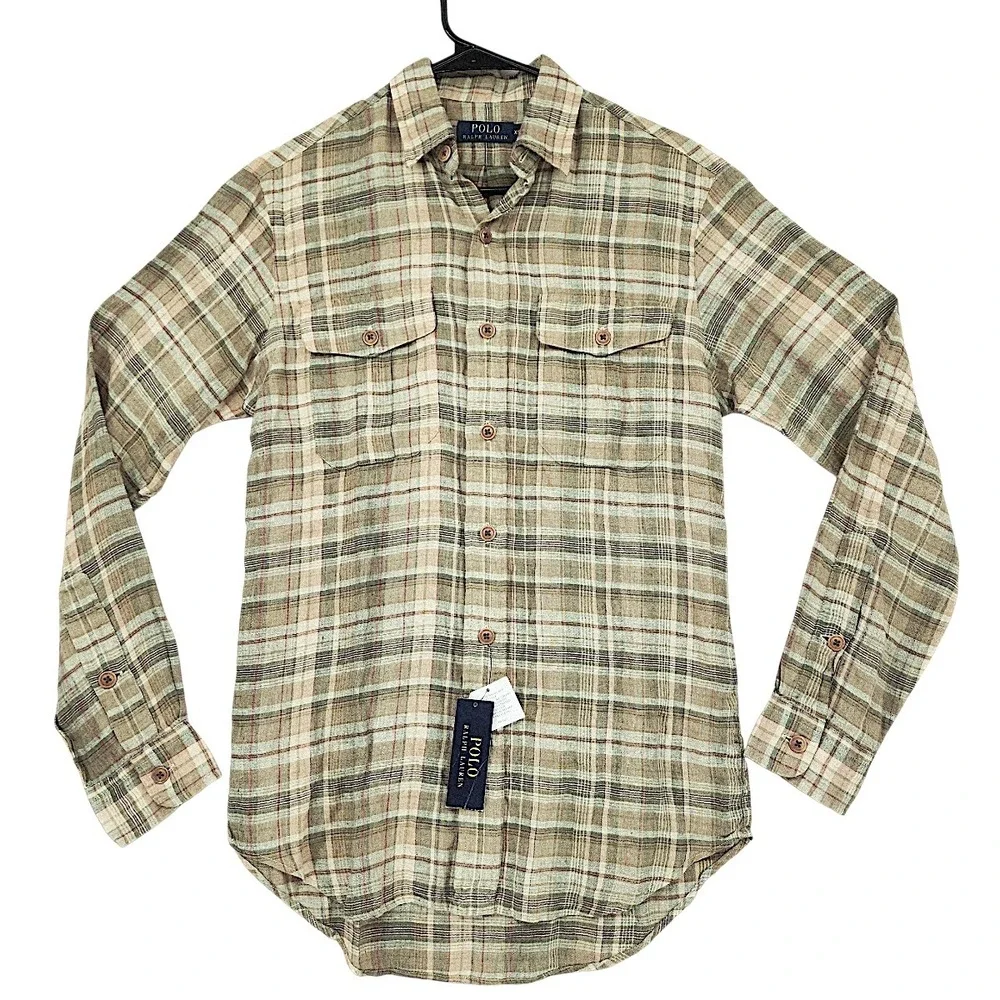 Polo Ralph Lauren Linen Button Down Shirt XS Men Fern Red Plaid Great Escape NEW